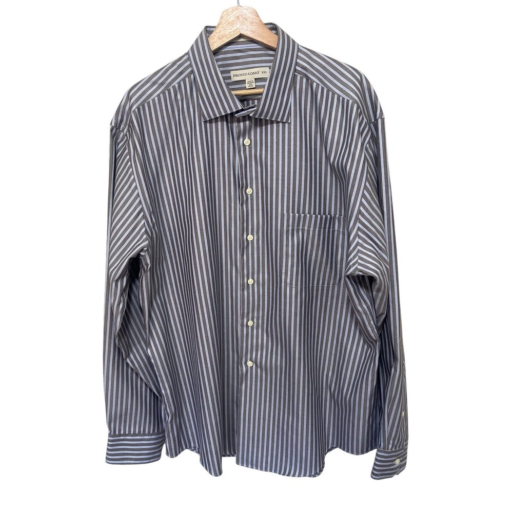 Pronto Uomo Mens XXL Dress Shirt‎ Grey Blue Striped Non-Iron Modern Fit Cotton - Picture 4 of 10